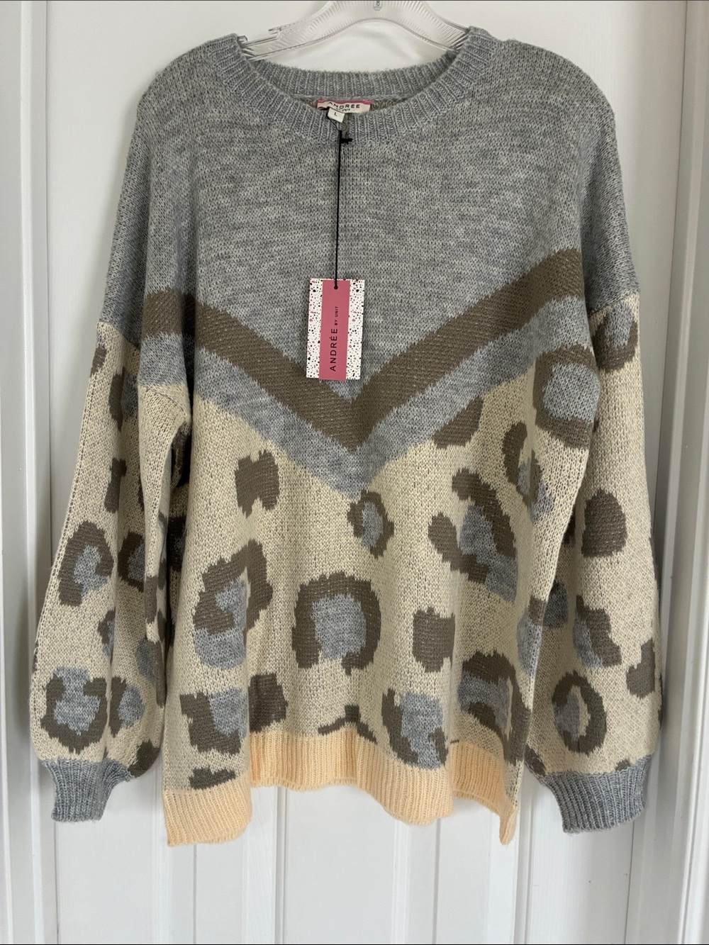 Andree Gray and Cream Leopard Colorblock Crewneck Sweater